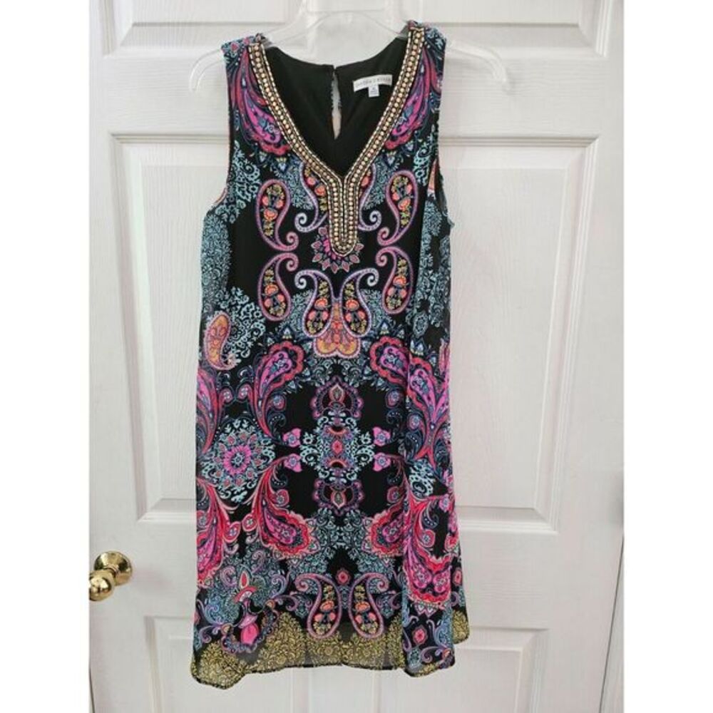 Sandra Darren Size 10 Womens Colorful Paisley‎ Print Gold Sequins